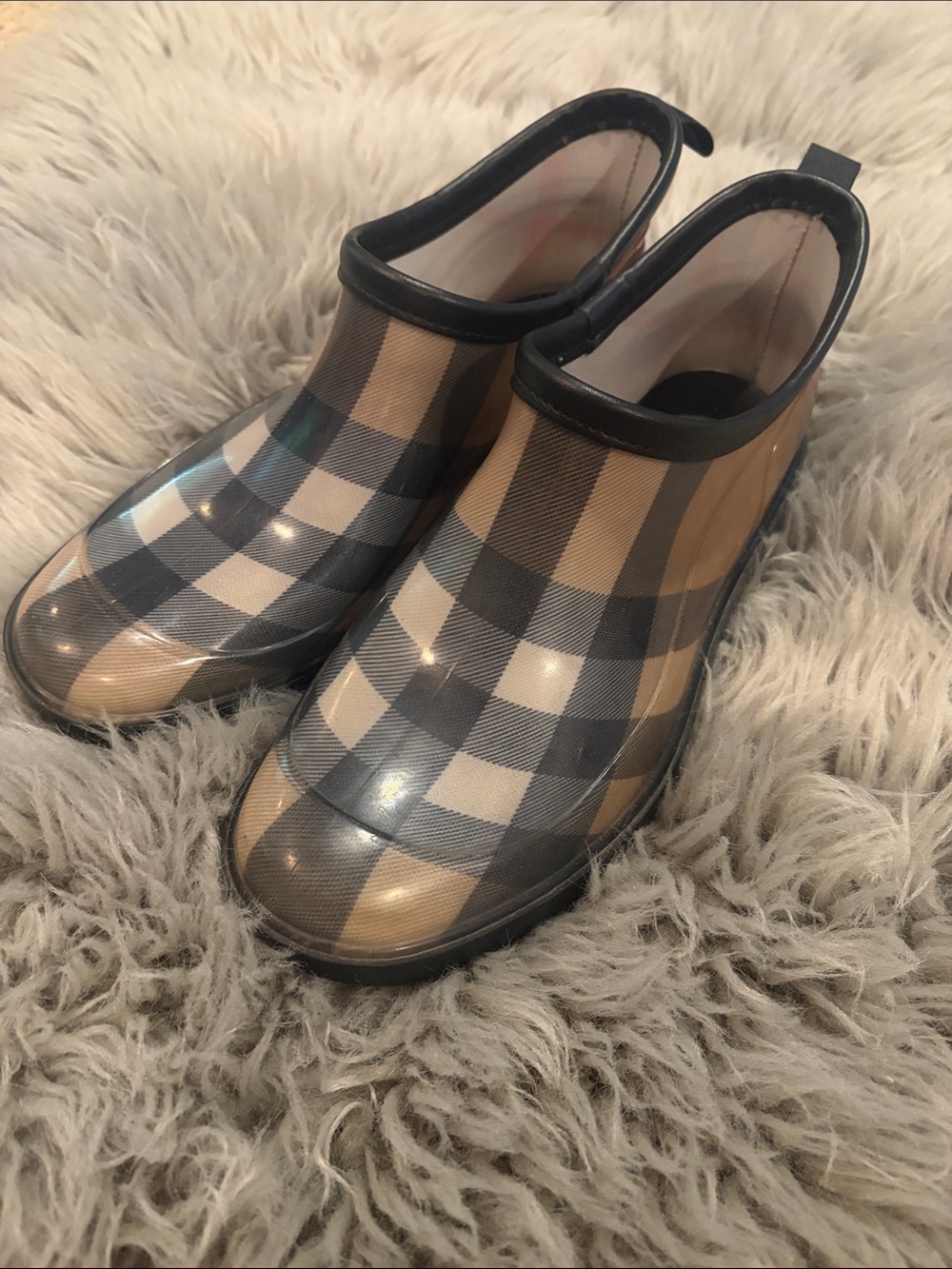 Burberry Beige and Black Plaid Waterproof Ankle Rain Boots